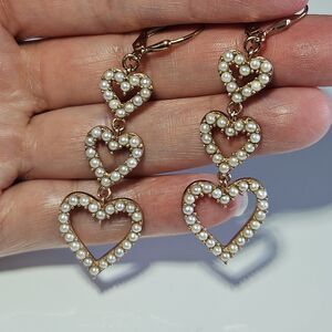 Rose Gold Over Sterling Triple Heart Faux Pearl Dangling Earrings